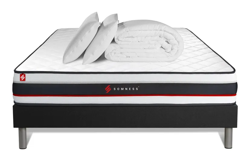 Pack lit complet 160x200 cm - Matelas + Sommier Noir (en kit) + 2 oreillers + Couette - Form