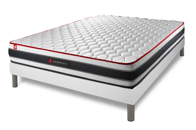 Pack lit complet 180x200 cm - Matelas + Sommier Blanc (en kit) + 2 oreillers + Couette - Energy