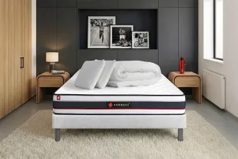 Pack lit complet 140x190 cm - Matelas + Sommier Blanc (en kit) + 2 oreillers + Couette - Form
