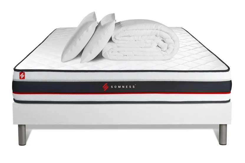 Pack lit complet 140x200 cm - Matelas + Sommier Blanc (en kit) + 2 oreillers + Couette - Form