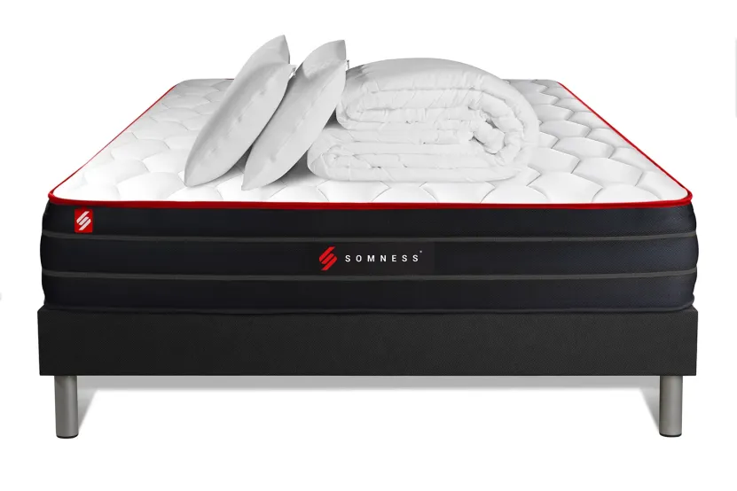 Pack lit complet 140x200 cm - Matelas + Sommier Noir (en kit) + 2 oreillers + Couette - Boost