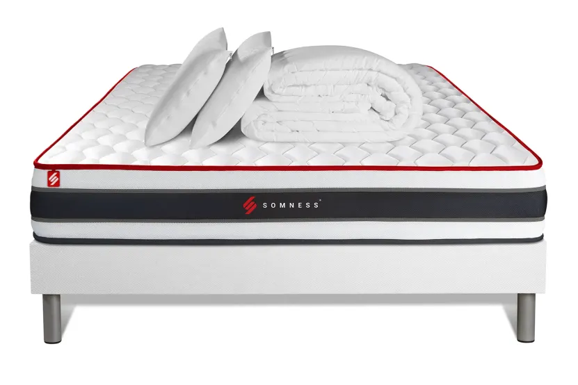 Pack lit complet 140x190 cm - Matelas + Sommier Blanc + 2 oreillers + Couette - Energy