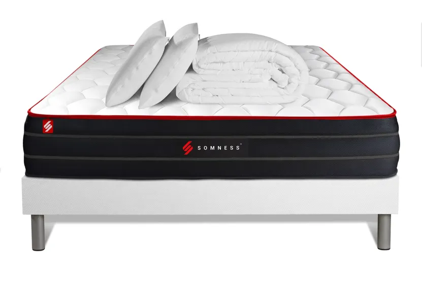 Pack lit complet 200x200 cm - Matelas + Sommier Blanc (en kit) + 2 oreillers + Couette - Boost