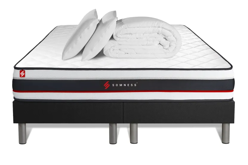 Pack lit complet 160x200 cm - Matelas + 2 Sommiers noirs + 2 oreillers + Couette - Form