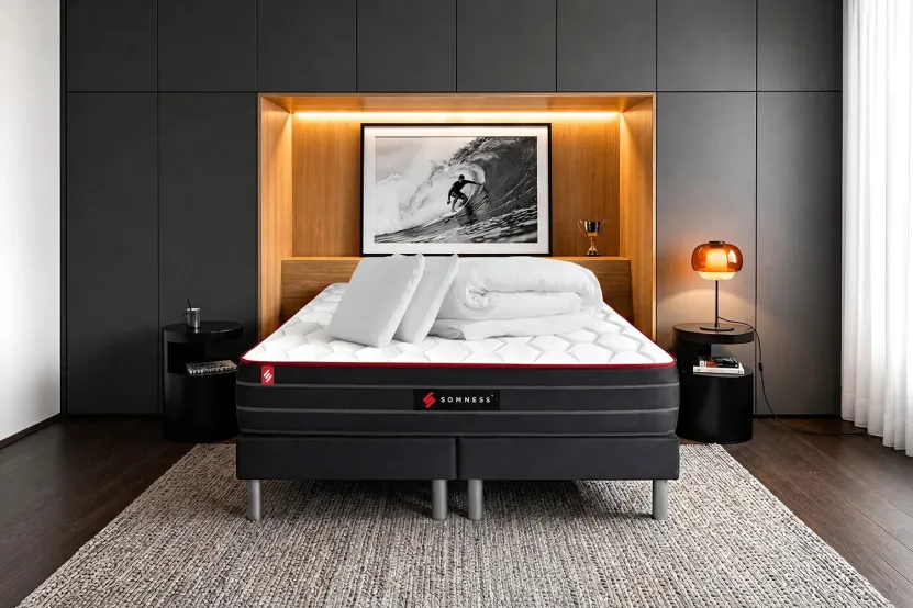 Pack lit complet 180x200 cm - Matelas + 2 Sommiers noirs + 2 oreillers + Couette - Boost