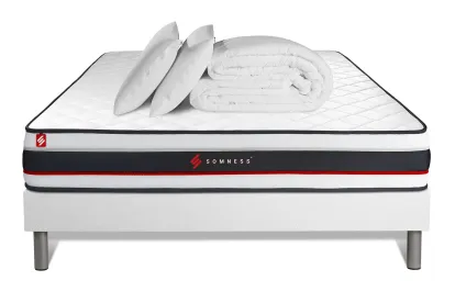 Pack lit complet 140x190 cm - Matelas + Sommier Blanc (en kit) + 2 oreillers + Couette - Form