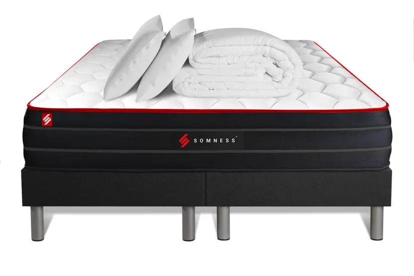 Pack lit complet 200x200 cm - Matelas + 2 Sommiers noirs  + 2 oreillers + Couette - Boost