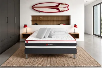 Pack lit complet 140x200 cm - Matelas + Sommier Noir + 2 oreillers + Couette - Energy