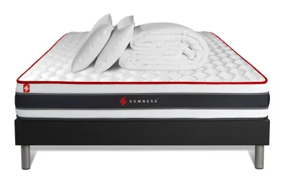 Pack lit complet 140x200 cm - Matelas + Sommier Noir + 2 oreillers + Couette - Energy
