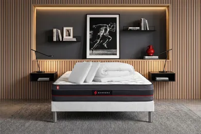 Pack lit complet 200x200 cm - Matelas + Sommier Blanc (en kit) + 2 oreillers + Couette - Regen
