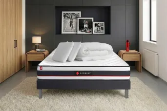 Pack lit complet 160x200 cm - Matelas + Sommier Noir + 2 oreillers + Couette - Form