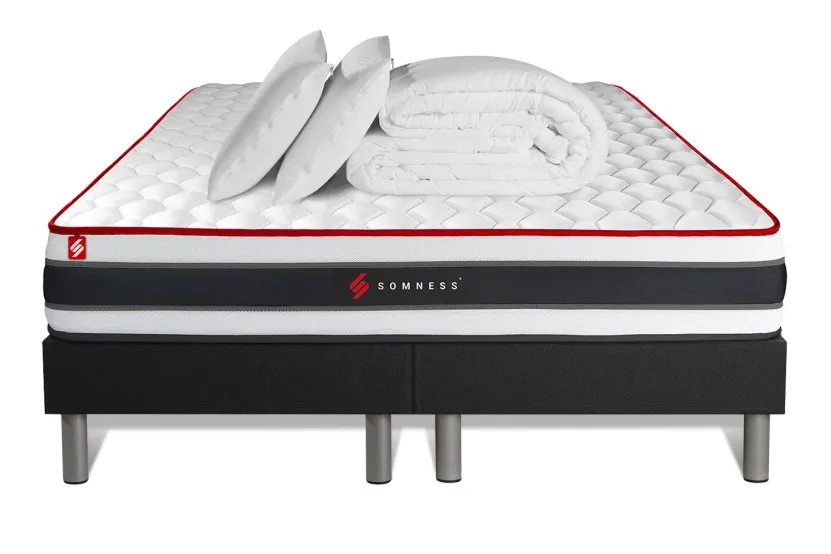 Pack lit complet 160x200 cm - Matelas + 2 Sommiers noirs + 2 oreillers + Couette - Energy