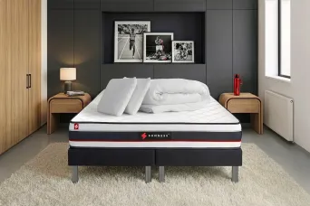 Pack lit complet 180x200 cm - Matelas + 2 Sommiers noirs + 2 oreillers + Couette - Form