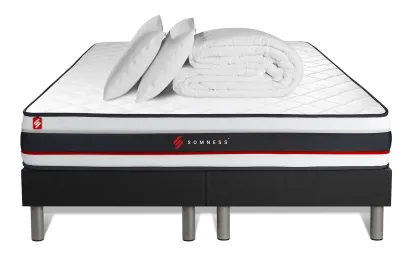 Pack lit complet 200x200 cm - Matelas + 2 Sommiers noirs + 2 oreillers + Couette - Form