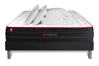 Pack lit complet 160x200 cm - Matelas + Sommier Noir + 2 oreillers + Couette - Boost