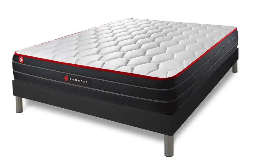 Pack lit complet 160x200 cm - Matelas + Sommier Noir + 2 oreillers + Couette - Boost