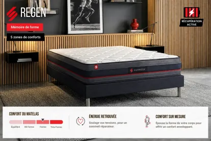 Pack lit complet 160x200 cm - Matelas + Sommier Blanc (en kit) + 2 oreillers + Couette - Regen